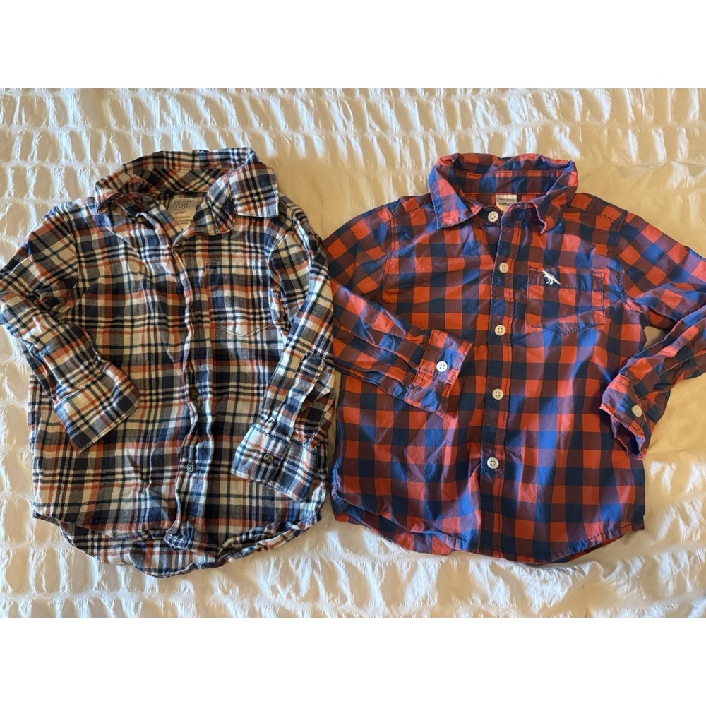 Flannel Bundle Boys Sz 2T Blue Orange White Plaid & Button Up Long Sleeves Fall